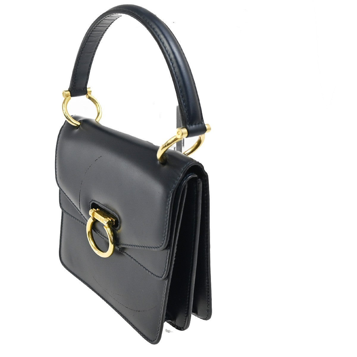 CELINE Logo Gancini Top Handle Hand Bag Leather Navy Blue Gold Italy 38TA361