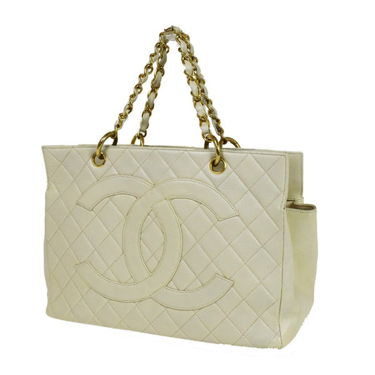 CHANEL CC Matelasse Chain Shoulder Tote Bag Caviar Leather Ivory GHW 49FA171
