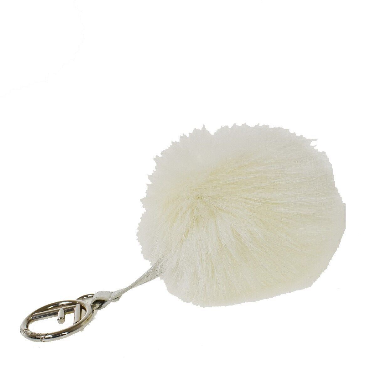 FENDI Logo Pompom Bag Charm Key Ring Fox Fur Leather White Italy 04JH636