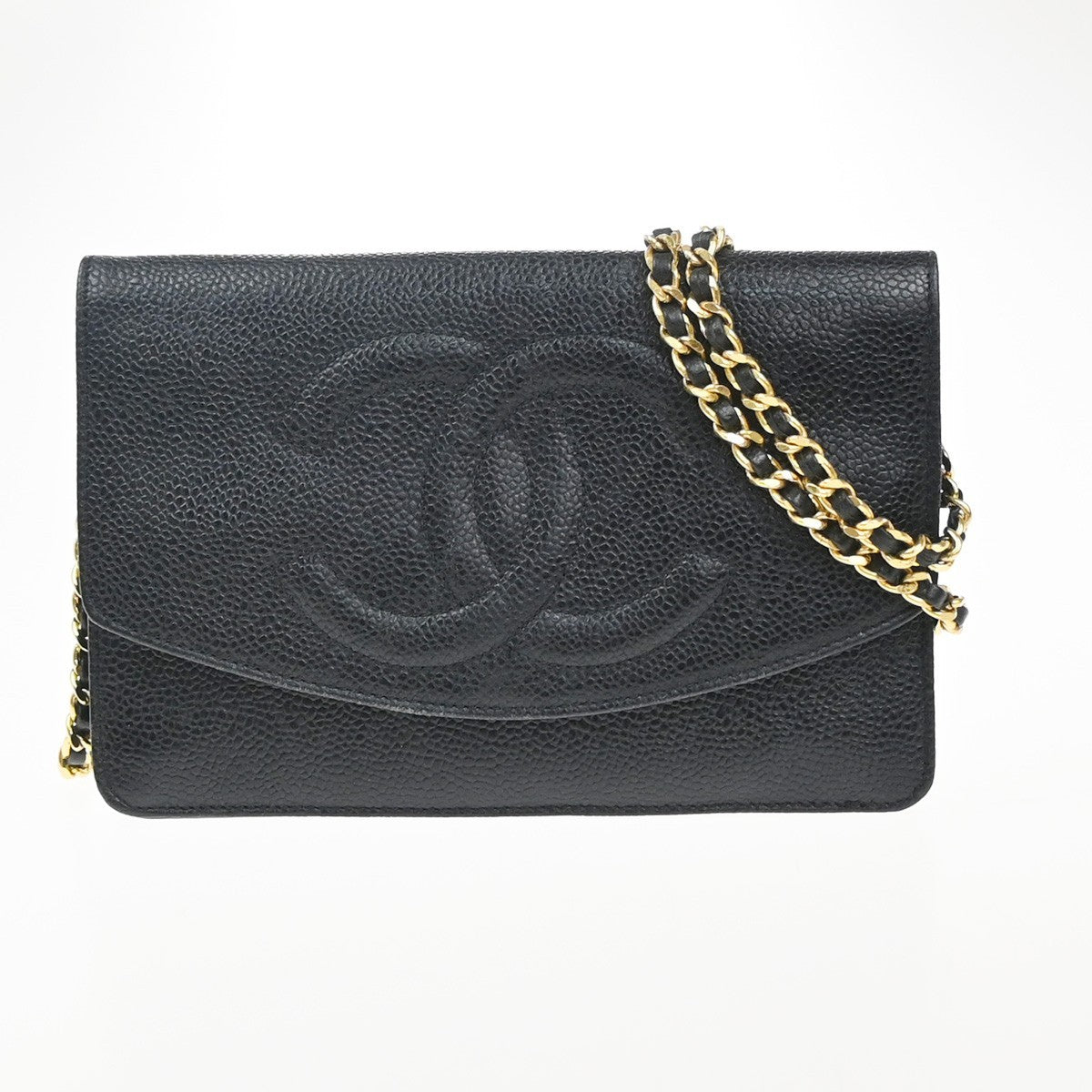 CHANEL Chain Shoulder Bag Wallet Grained Calfskin Leather Black Vintage 691RP061