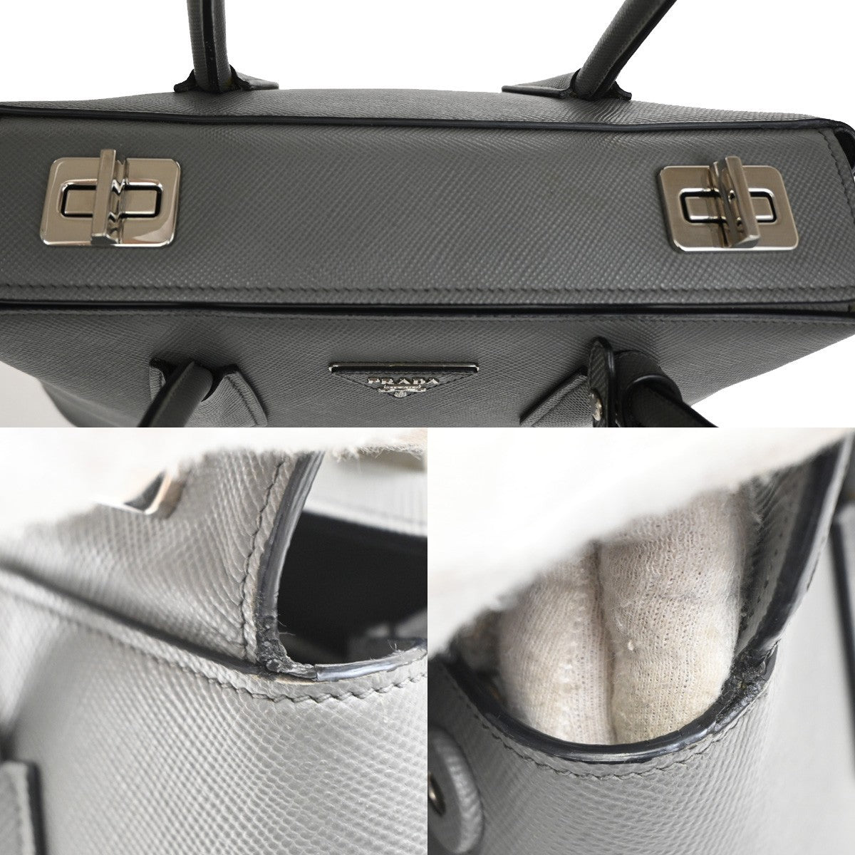 PRADA Logo Shoulder Hand Bag Saffiano Cuir Leather gray SHW Italy 98TA166
