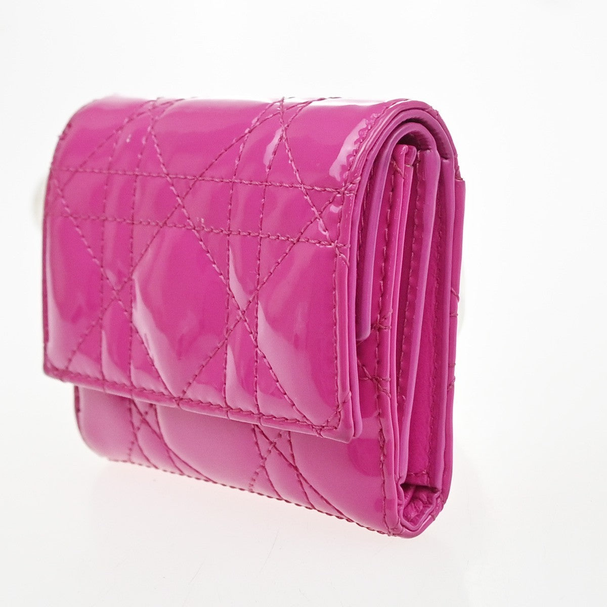 CHRISTIAN DIOR Lotus Cannage Compact Trifold Wallet Patent Leather Pink 30YJ112
