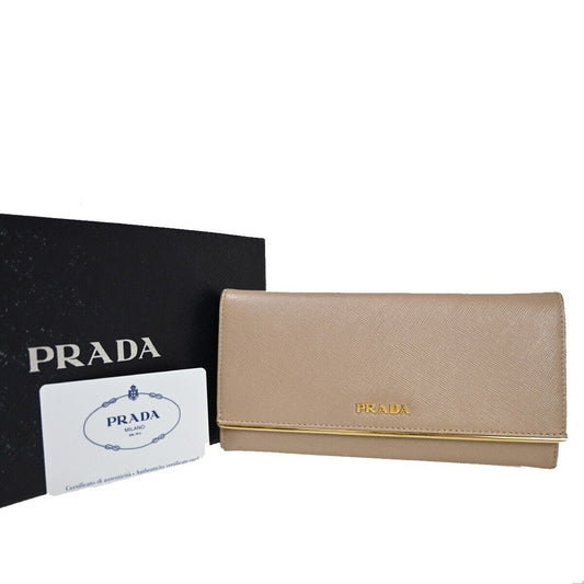 PRADA Logo Saffiano Long Bifold Wallet Purse Leather Beige Gold Italy 05SH556