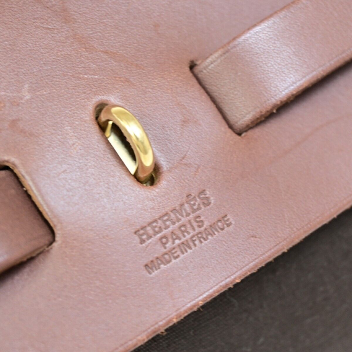HERMES Logo Her Bag MM 2 In 1 Hand Tote Bag Toile Officier Leather Brown 29EB177