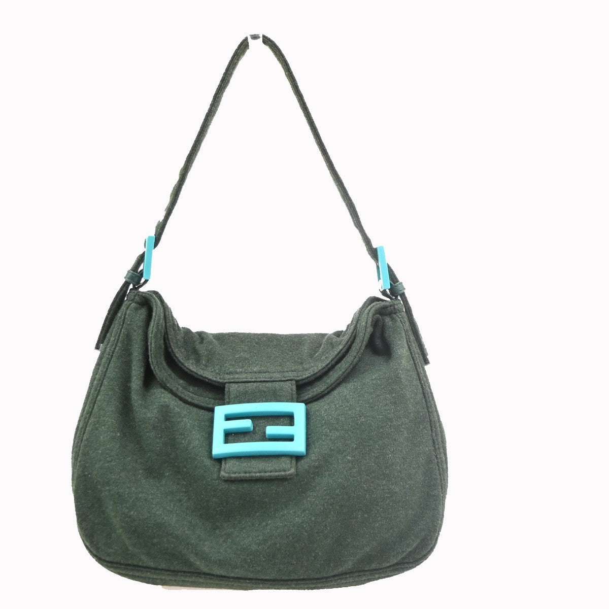 FENDI Logo Mamma Baguette Shoulder Bag Jersey Leather Green SHW Italy 71YJ259