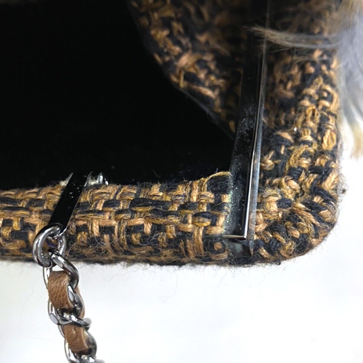 CHANEL CC Logo 2Way Chain Shoulder Clutch Bag Fur Wool Leather Brown 683LC294