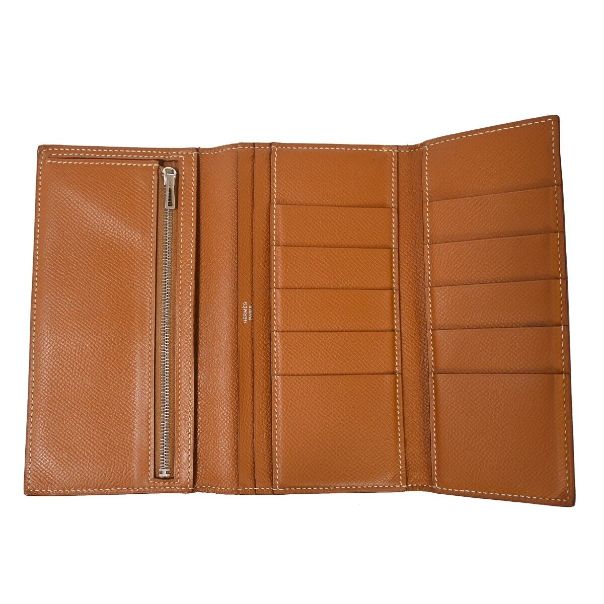 HERMES Logo Bearn Long Trifold Wallet Purse Chevre Leather Brown France 36GA820