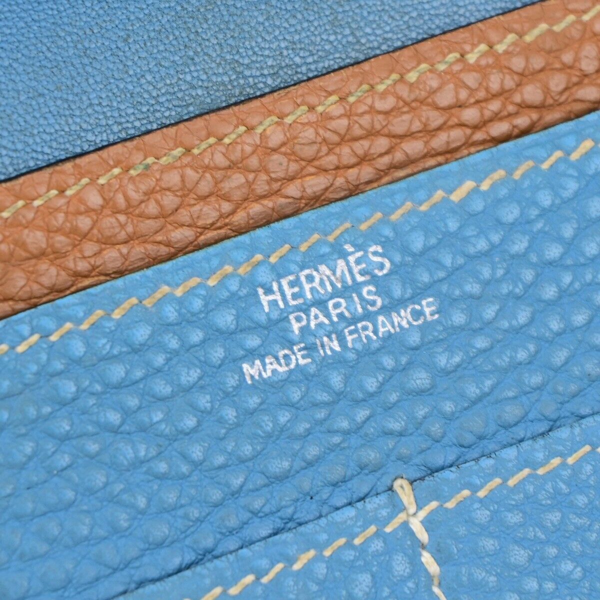 HERMES Dogon GM Coin Case Bicolor Bifold Wallet Togo Leather Bleu Jean 32KA284