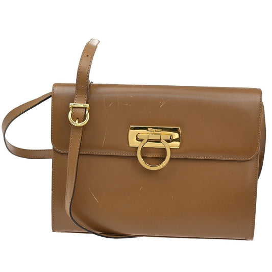 16.Live SALVATORE FERRAGAMO Gancini 2Way Shoulder Bag Leather Brown 04CA366