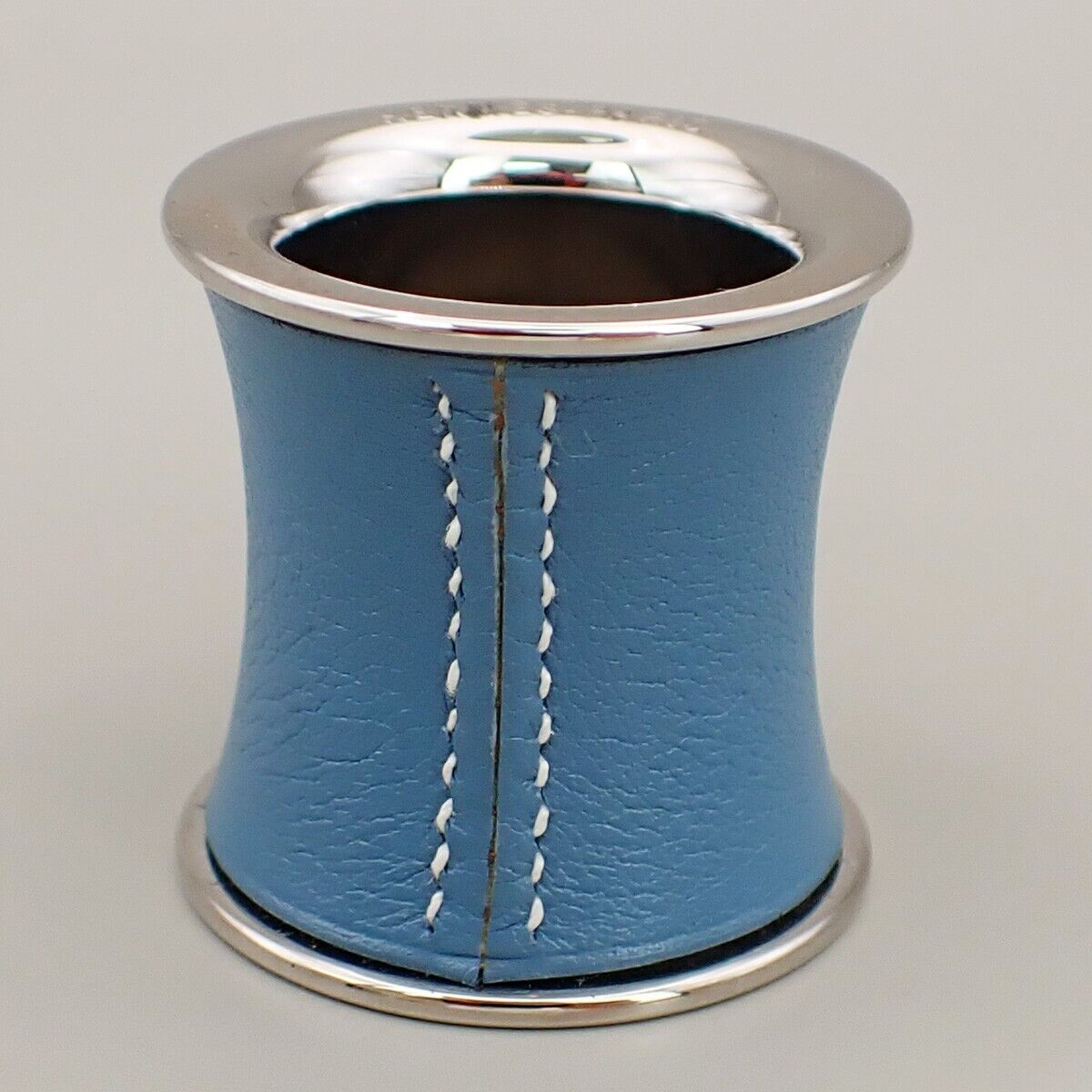 HERMES Logo Scarf Ring Leather Silver Blue Accessory 04KA476