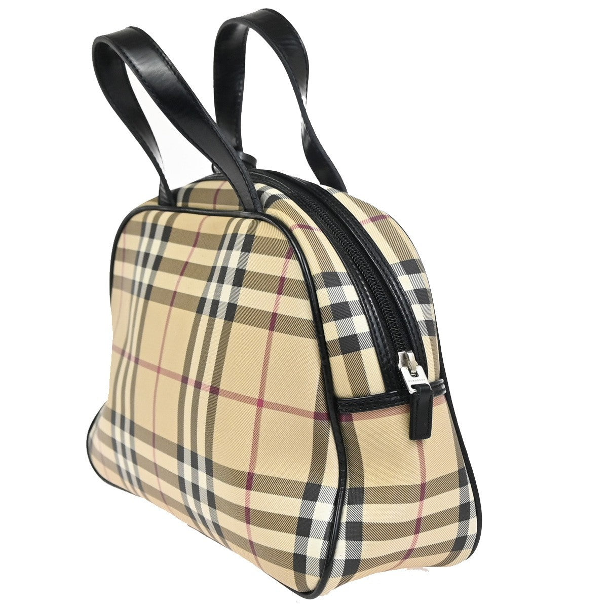 BURBERRY Logo Nova Check Pattern Hand Bag PVC Leather Black Beige SHW 31KD025