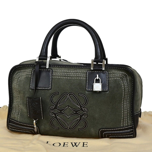 LOEWE Logo Anagram Amazona 28 Hand Bag Suede Leather Green Brown Spain 87FB191
