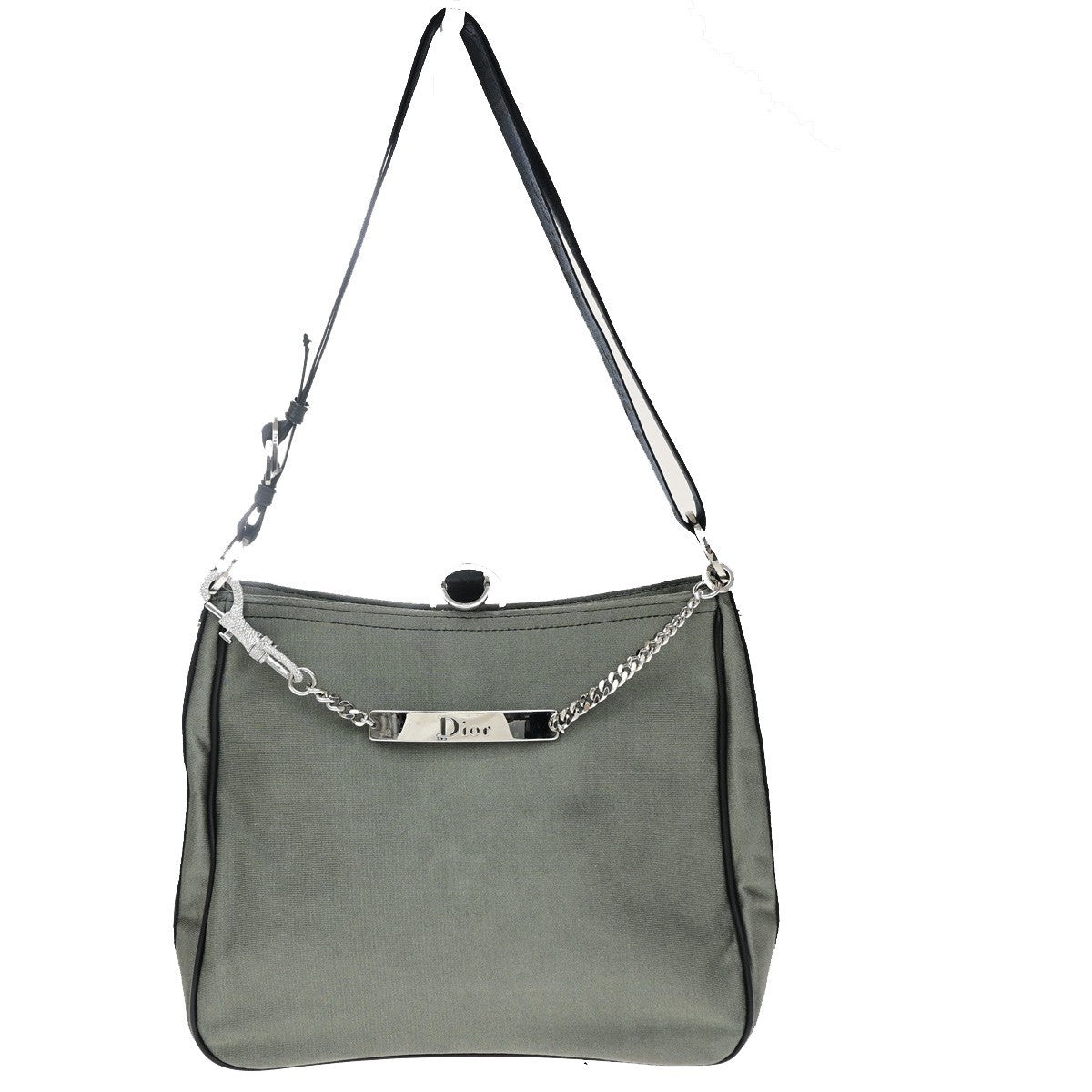 CHRISTIAN DIOR Logo Rhinestone Chain Shoulder Hand Bag Canvas Khaki 98RQ085