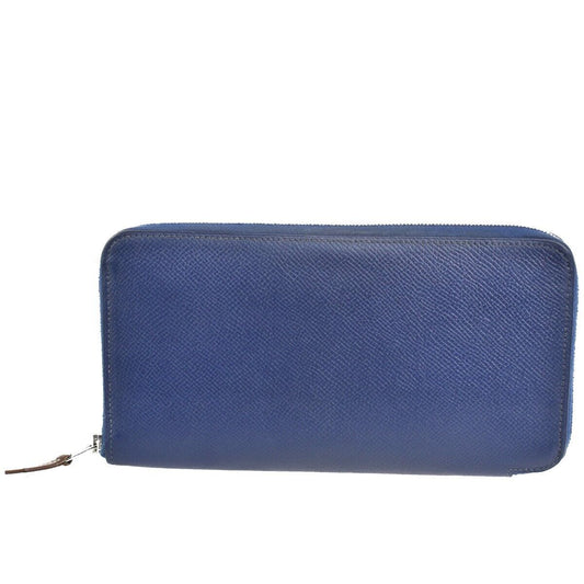 HERMES Azap Silk In Long Zipper Bifold Wallet Purse Leather Blue Silver 37JH641