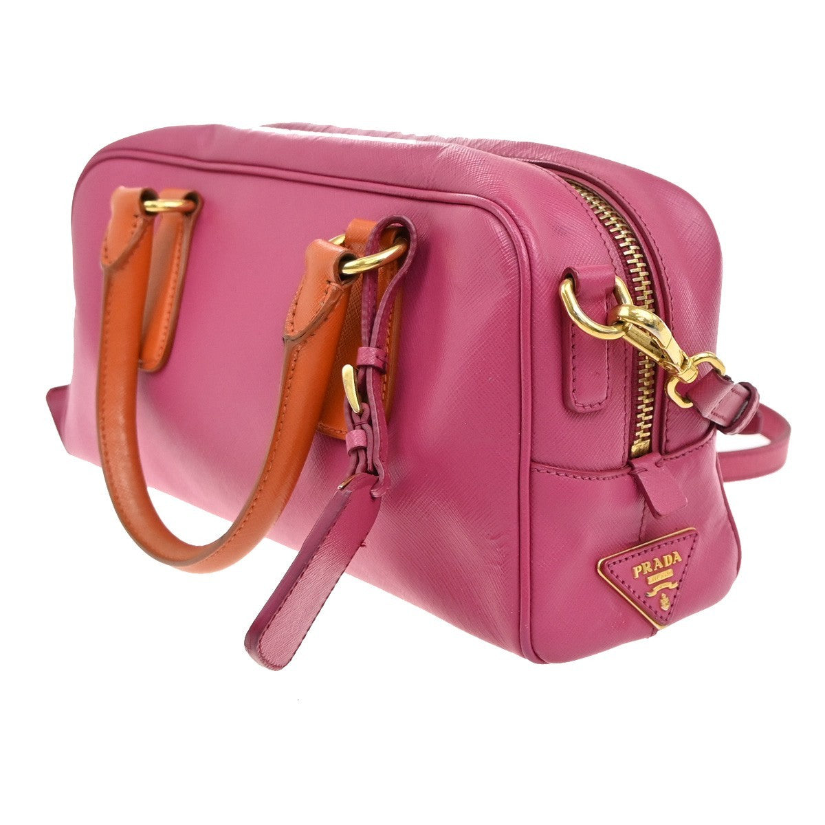 PRADA MILANO Logo 2Way Shoulder Hand Bag Saffiano Leather Pink Orange75KB303