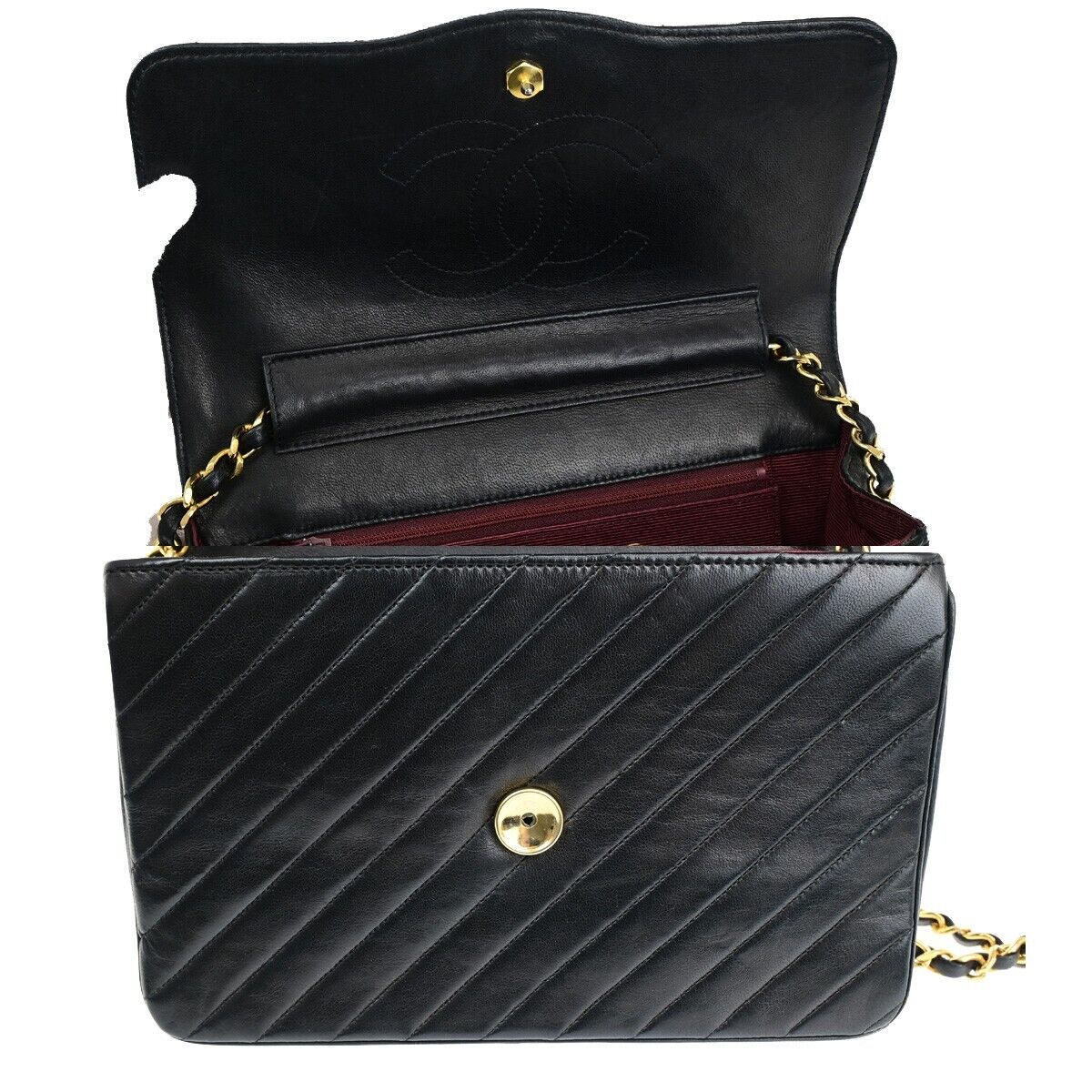 CHANEL CC Bias Stitch Chain Shoulder Bag Leather Black GHW Vintage 645RF150