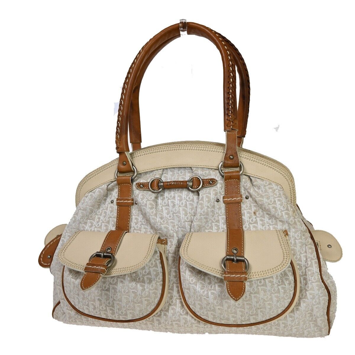 CHRISTIAN DIOR Trotter Shoulder Hand Bag Canvas Leather Ivory Brown SHW 80EA768