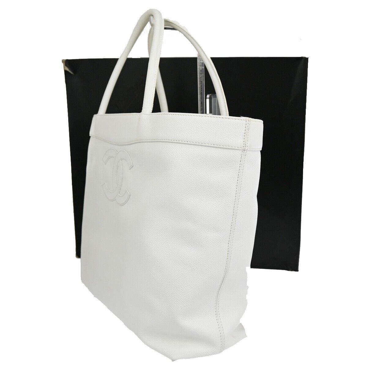 CHANEL CC Shoulder Hand Tote Bag Grained Calfskin Leather White GHW 21RJ365