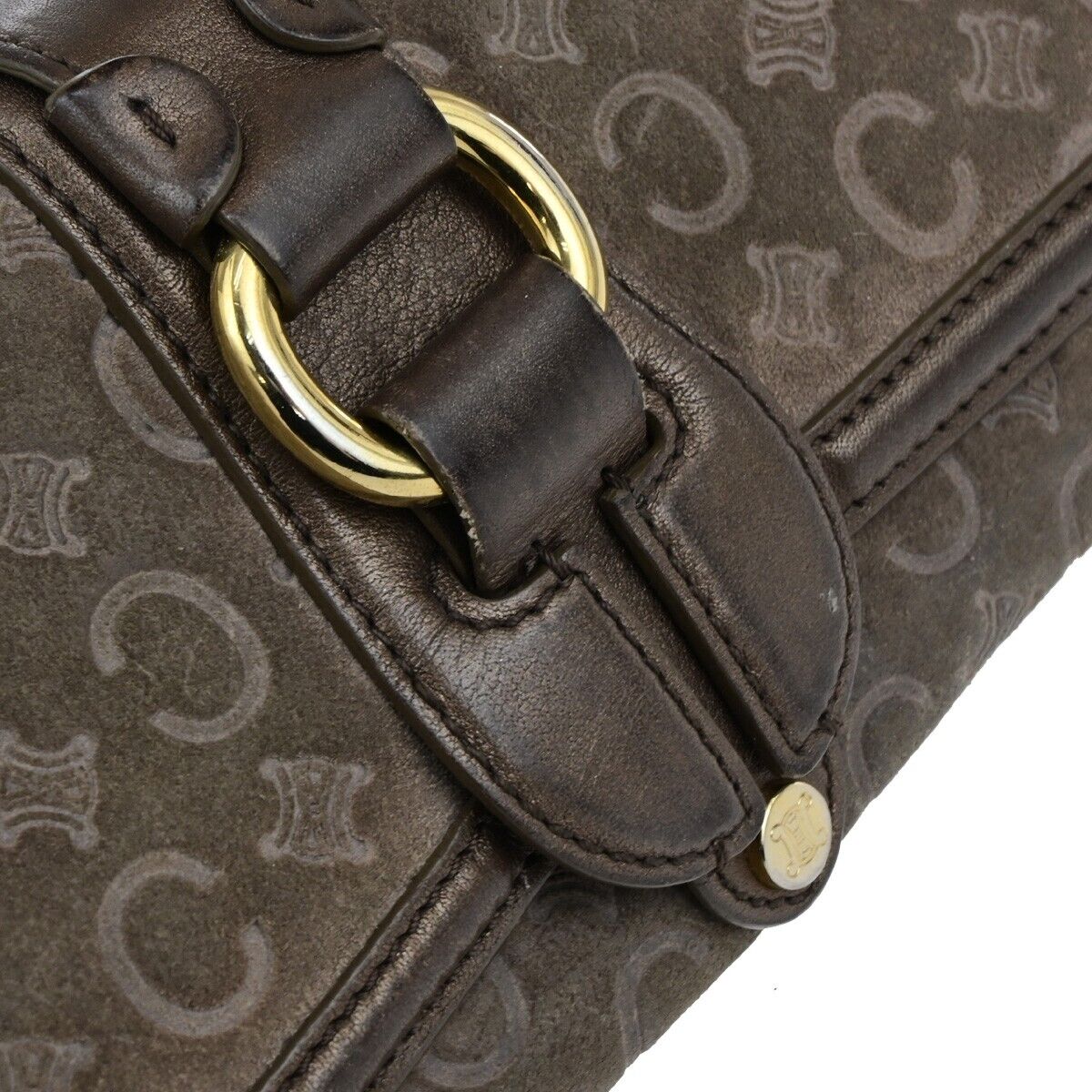 CELINE Logo Macadam Long Bifold Wallet Suede Leather Brown Gold 07KA509