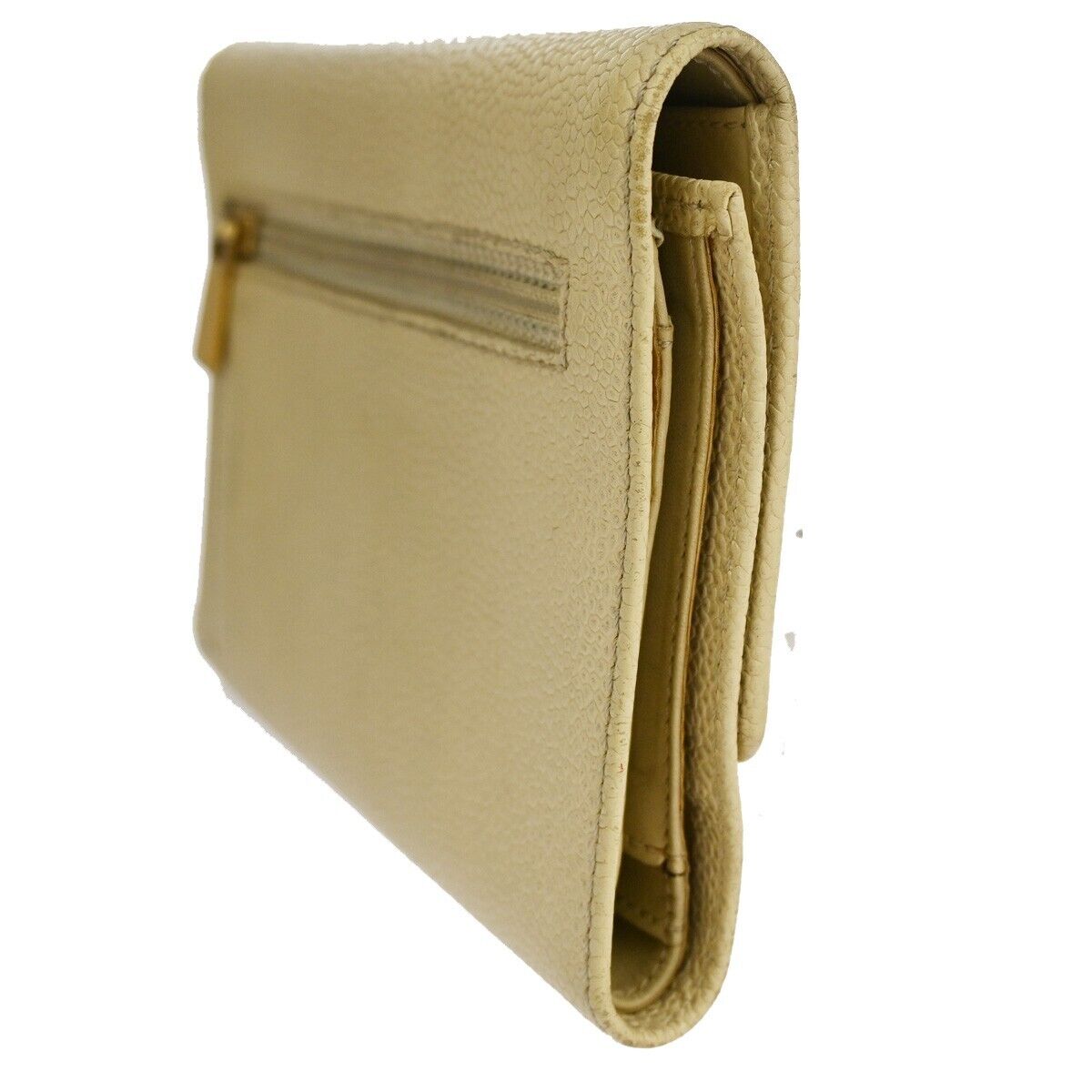 CHANEL CC Logo Trifold Wallet Purse Caviar Skin Leather Ivory Italy 62RJ490