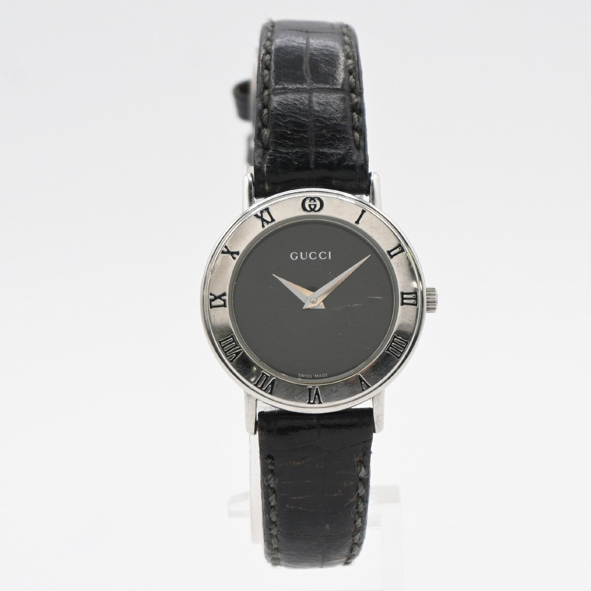 GUCCI 3000L Watch Quartz 25 mm Stainless Steel Embossing Leather Black 05LC590
