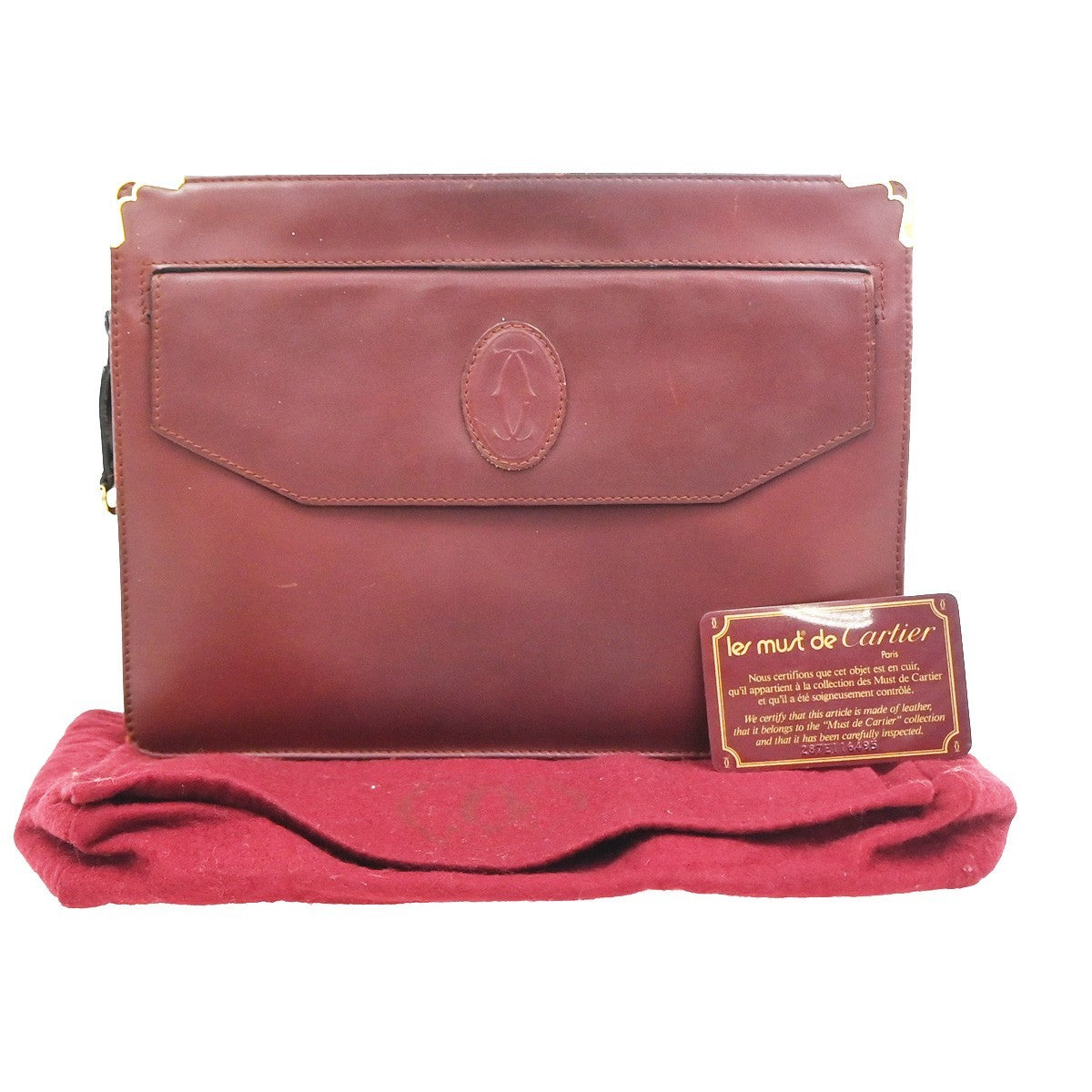 MUST DE CARTIER 2C Logo Clutch Hand Bag Leather Red Burgundy GHW 08KD023