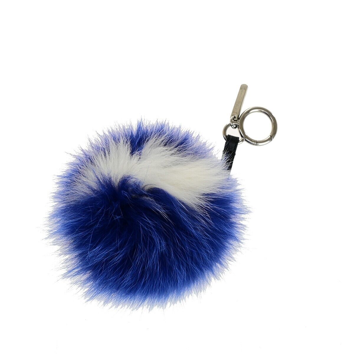 FENDI Logo Pompom Bag Charm Key Ring Chain Fur Leather Blue White SHW 04KA449
