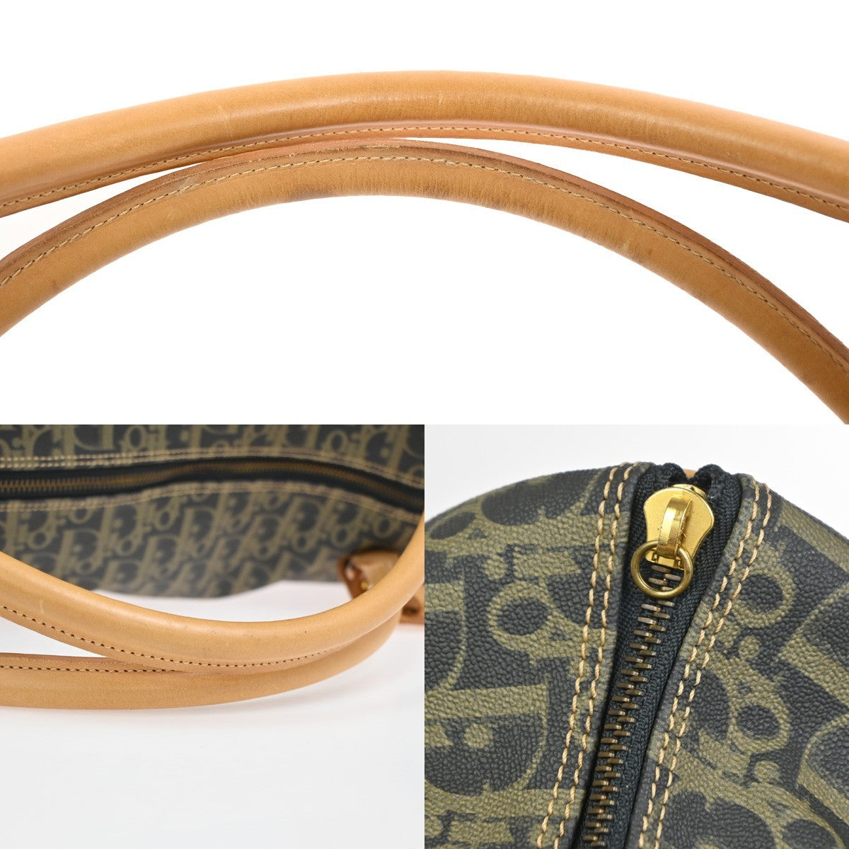 CHRISTIAN DIOR Logo Trotter Boston Hand Bag Canvas Leather Navy Blue 70TA634