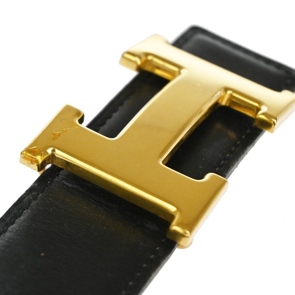 HERMES H Logo Constance Reversible Buckle Belt #68 Leather Black Gold 86YD916