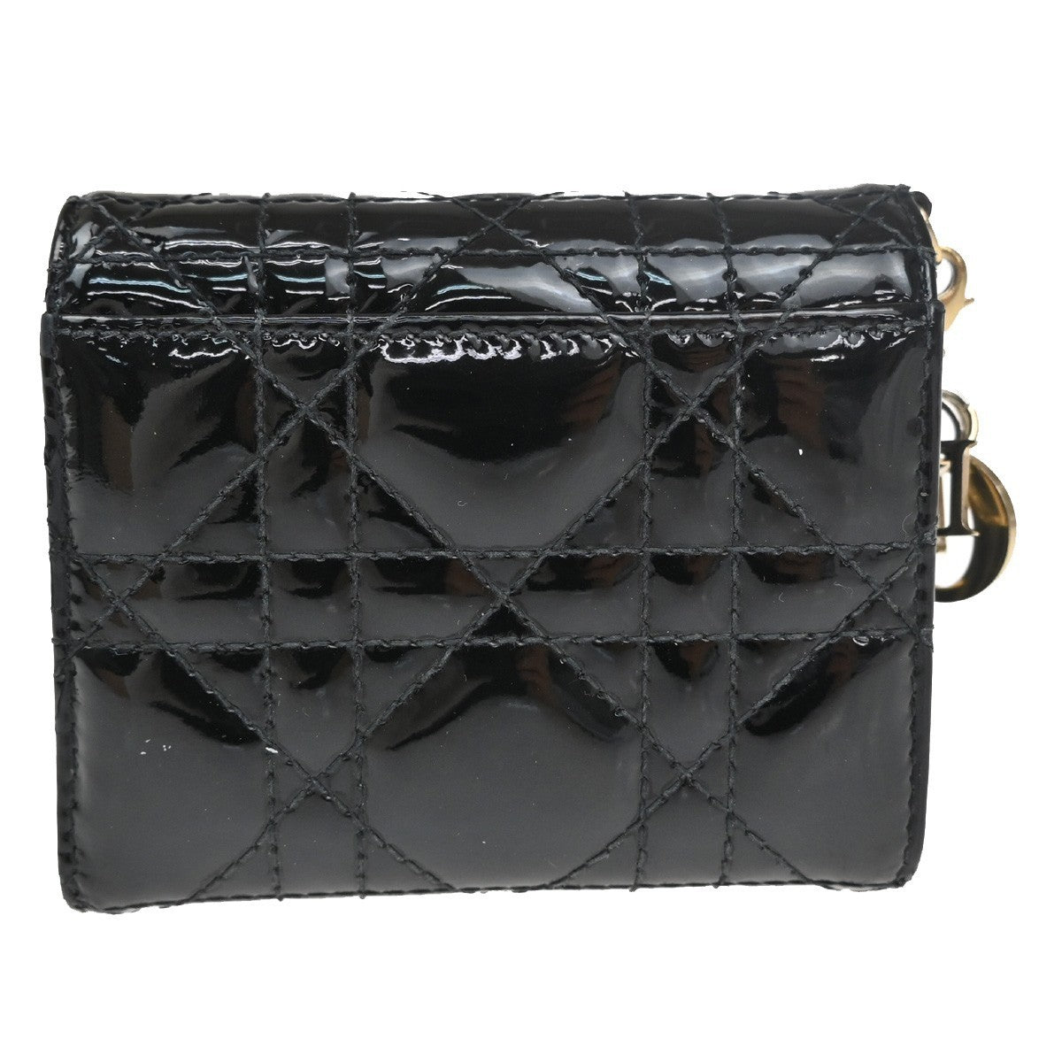 CHRISTIAN DIOR Cannage Trifold Compact Wallet Patent Leather Black GHW 35TA317