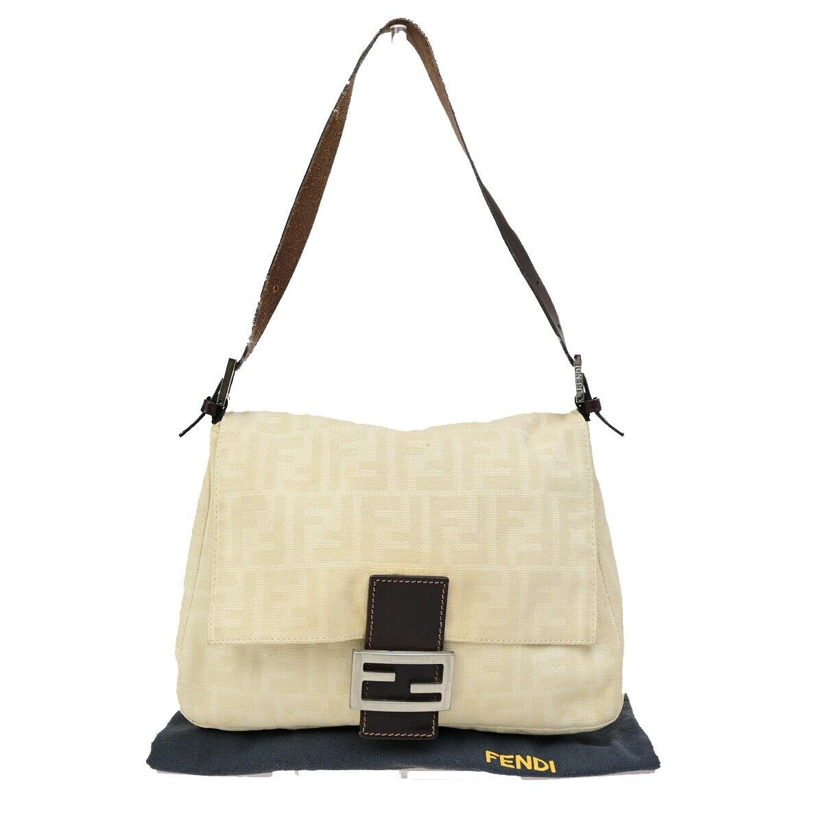 FENDI Zucca Zucchino Pattern Shoulder Bag Canvas Leather Beige Brown 34KA489