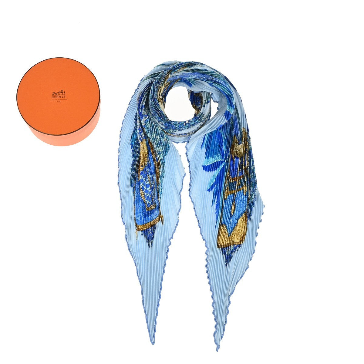HERMES XL Pleated Carre Scarf " Ombres Et Lumieres " 100% Silk Blue 68RL949