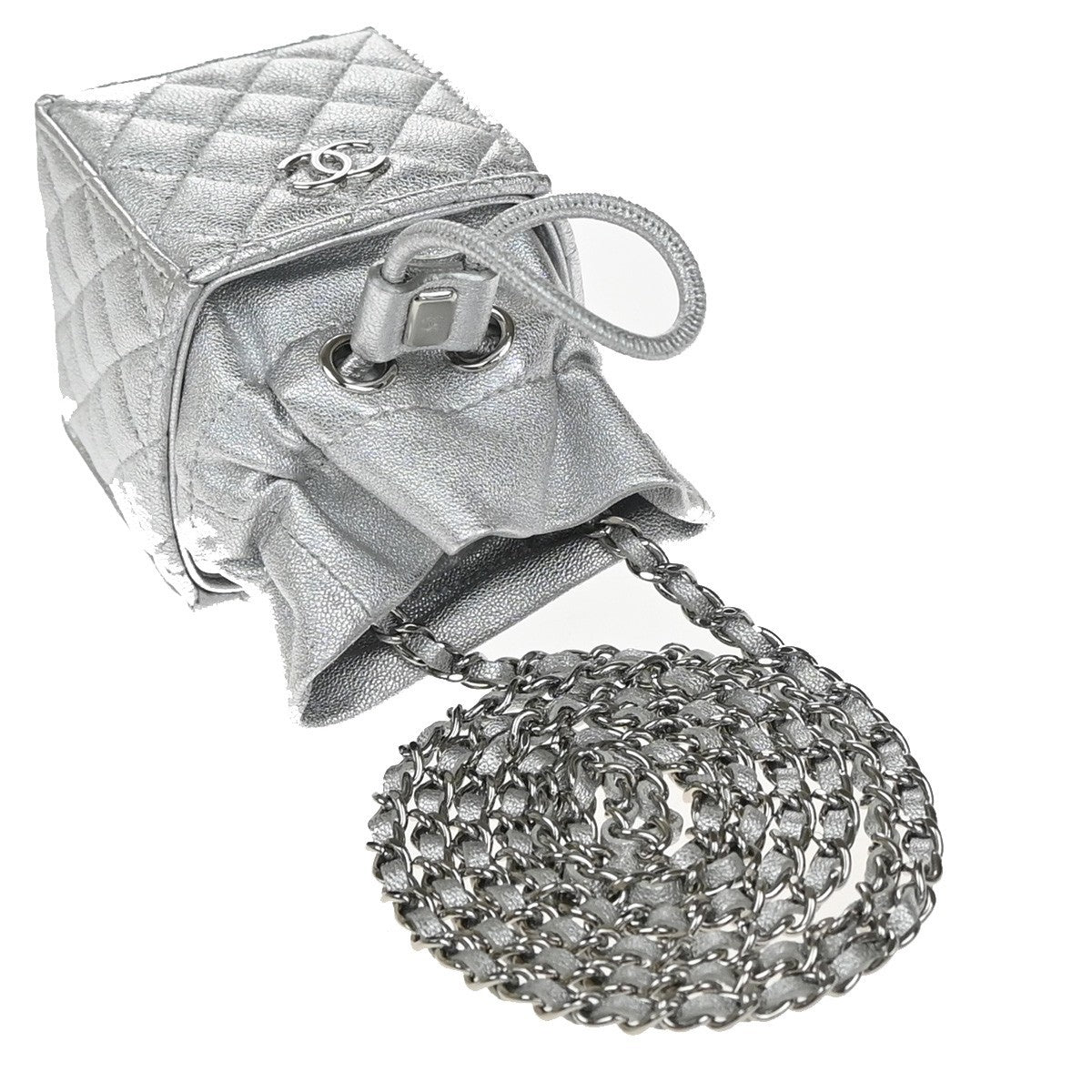 CHANEL Matelasse Drawstring Bucket Mini Shoulder Bag Leather Silver 683RP119