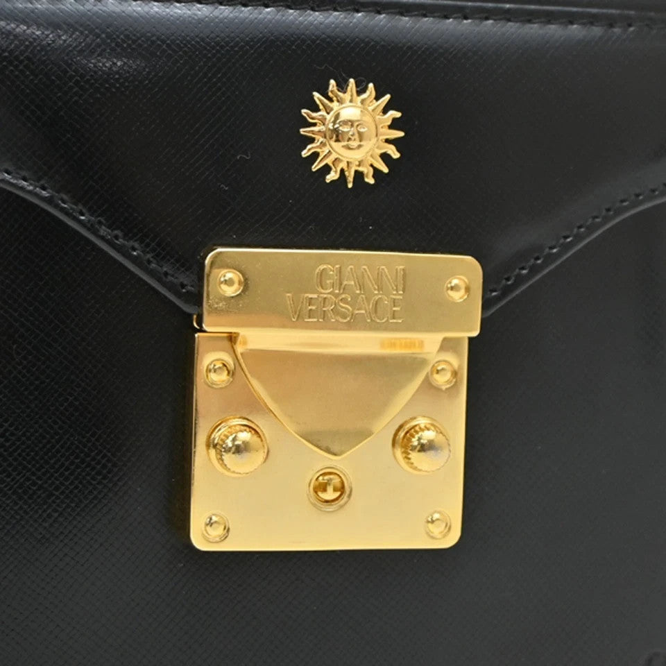 9.Live GIANNI VERSACE Sun Vanity Hand Bag Leather Black Gold-Plated 33KB766