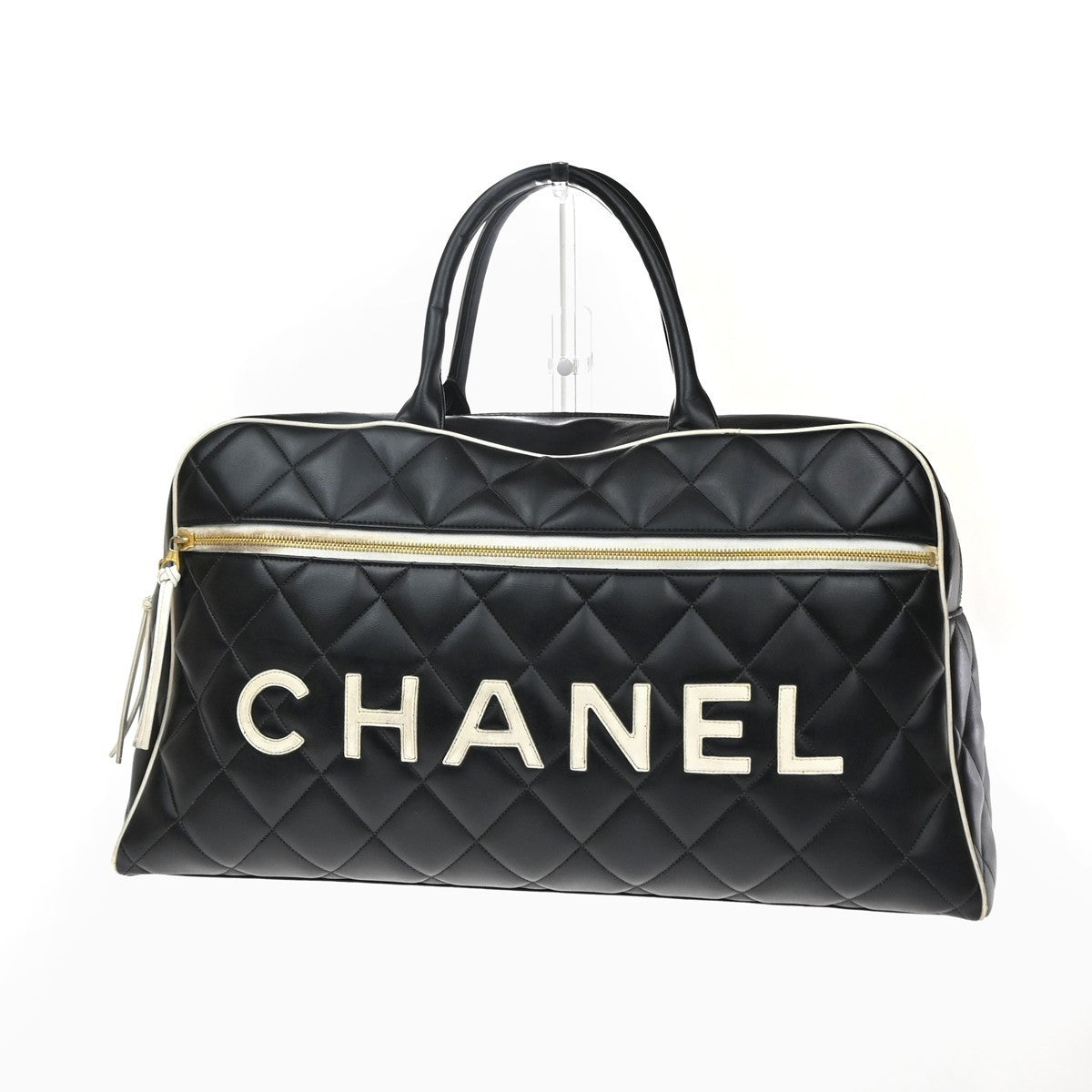 CHANEL Logo Matelasse Travel Boston Hand Bag Leather Black France 338RQ053