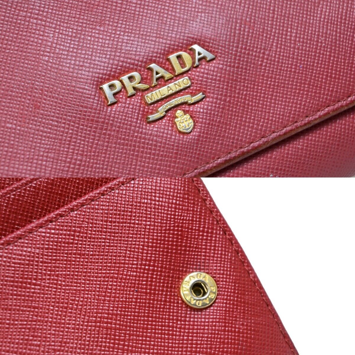 PRADA Logo Bifold Long Zipper Bifold Wallet Saffiano Leather Red Gold 03EB369