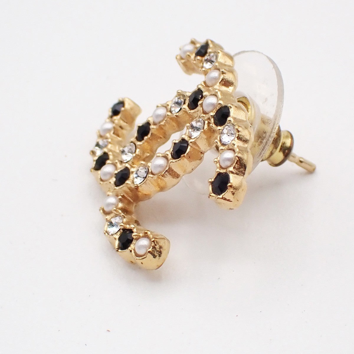 CHANEL CC Logo Rhinestone Imitation Pearl Earrings Pierced A21V Gold BK 60ZA144