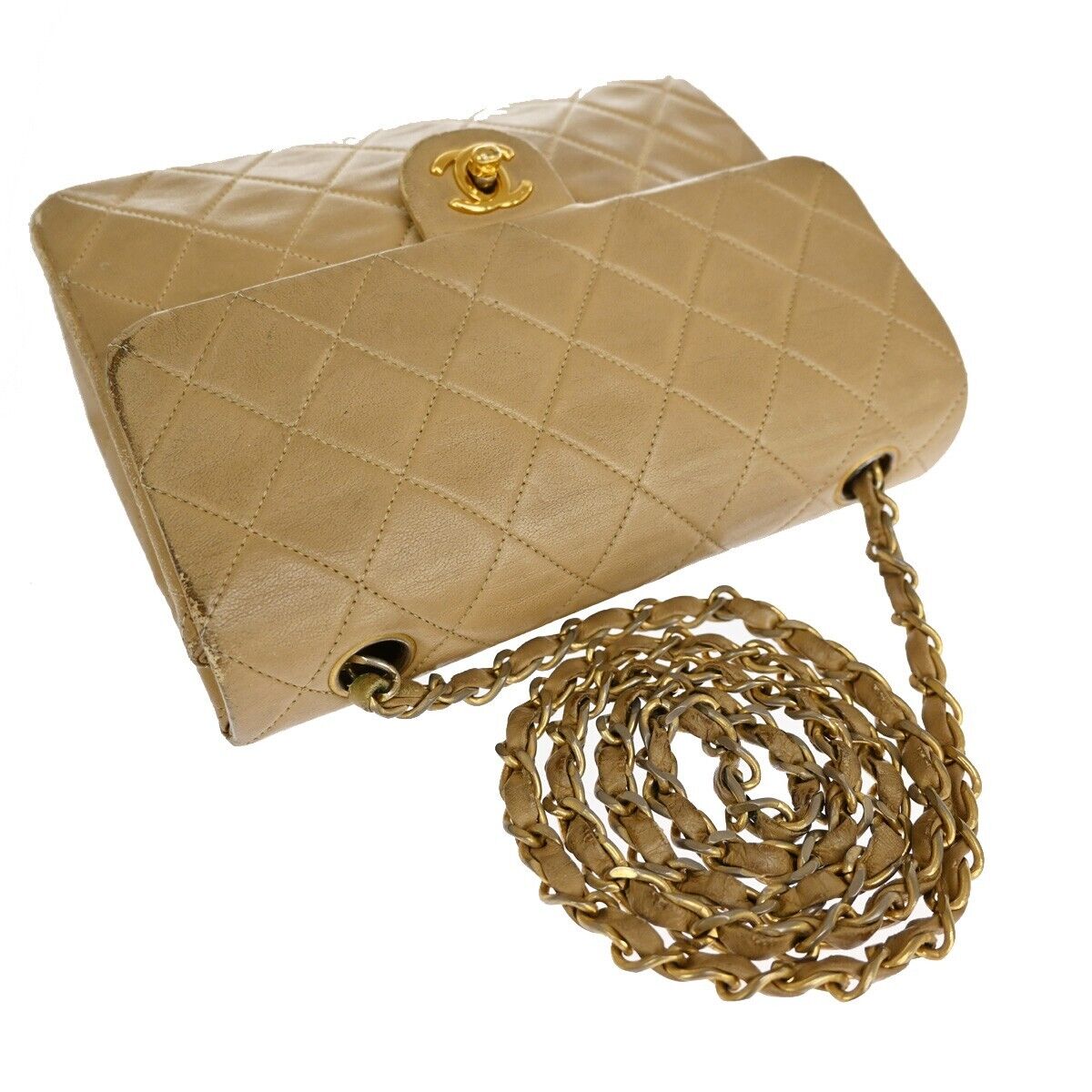 CHANEL CC Mini Matelasse Chain Shoulder Bag Leather Beige GHW Vintage 361RJ241