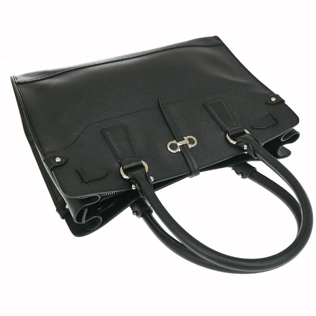 SALVATORE FERRAGAMO Gancini Hand Bag Leather Black Silver Made in Italy 61HB058