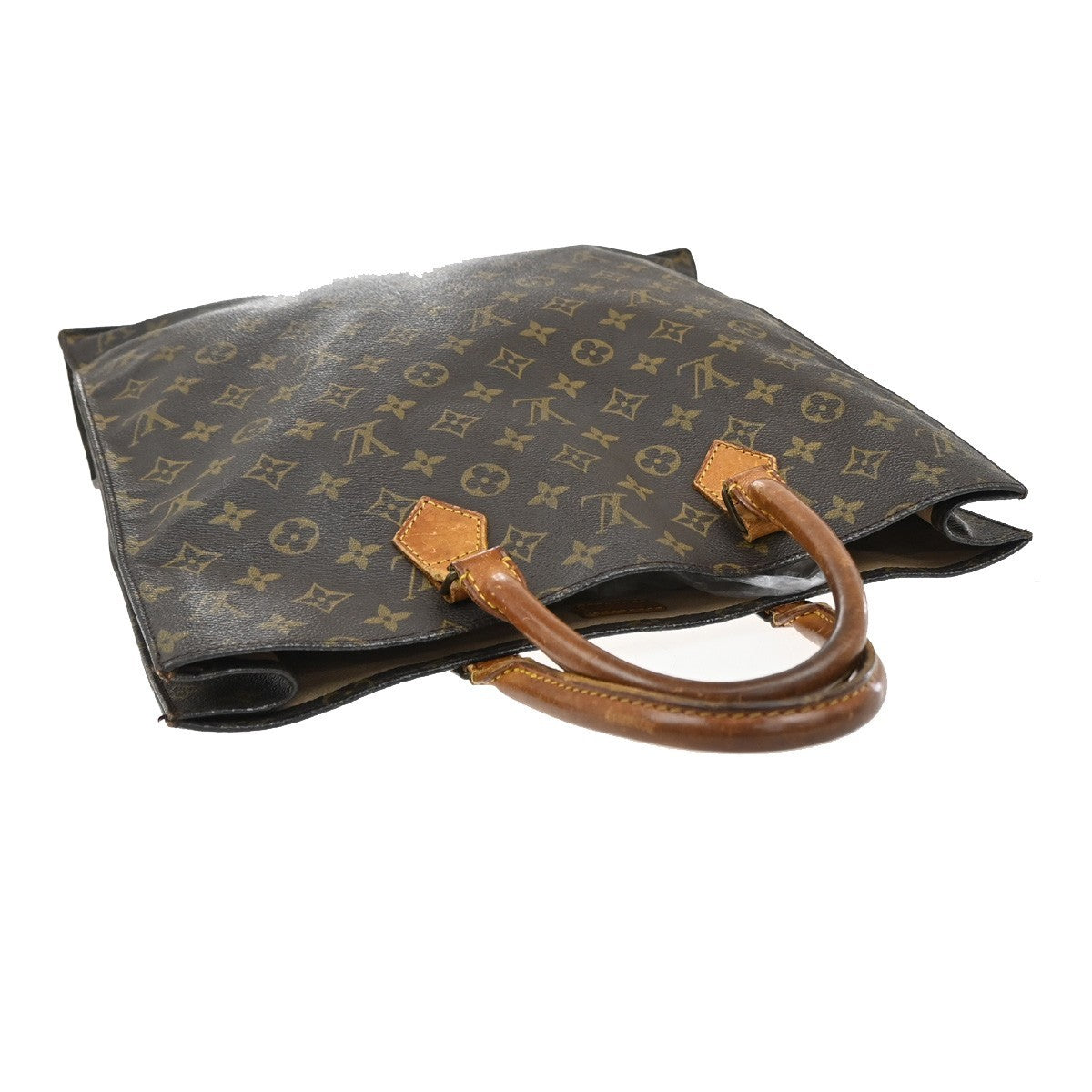 LOUIS VUITTON Logo Sac Plat Hand Tote Bag Monogram Leather Brown M51140 65FC149