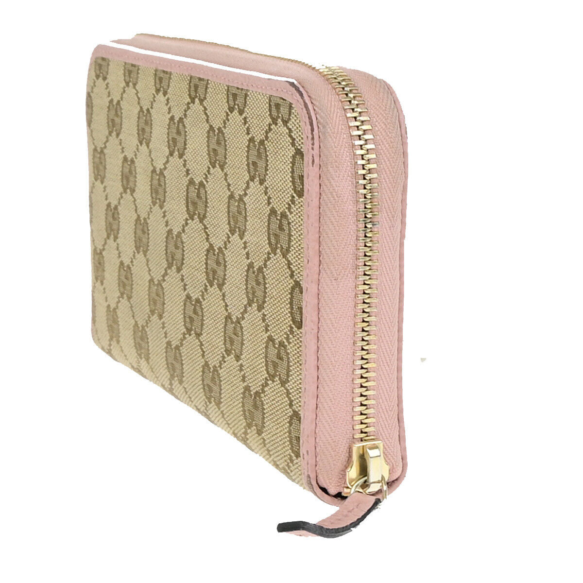 GUCCI GG Pattern Zip Aroung Long Wallet Purse Canvas Leather Brown Pink 69YF034