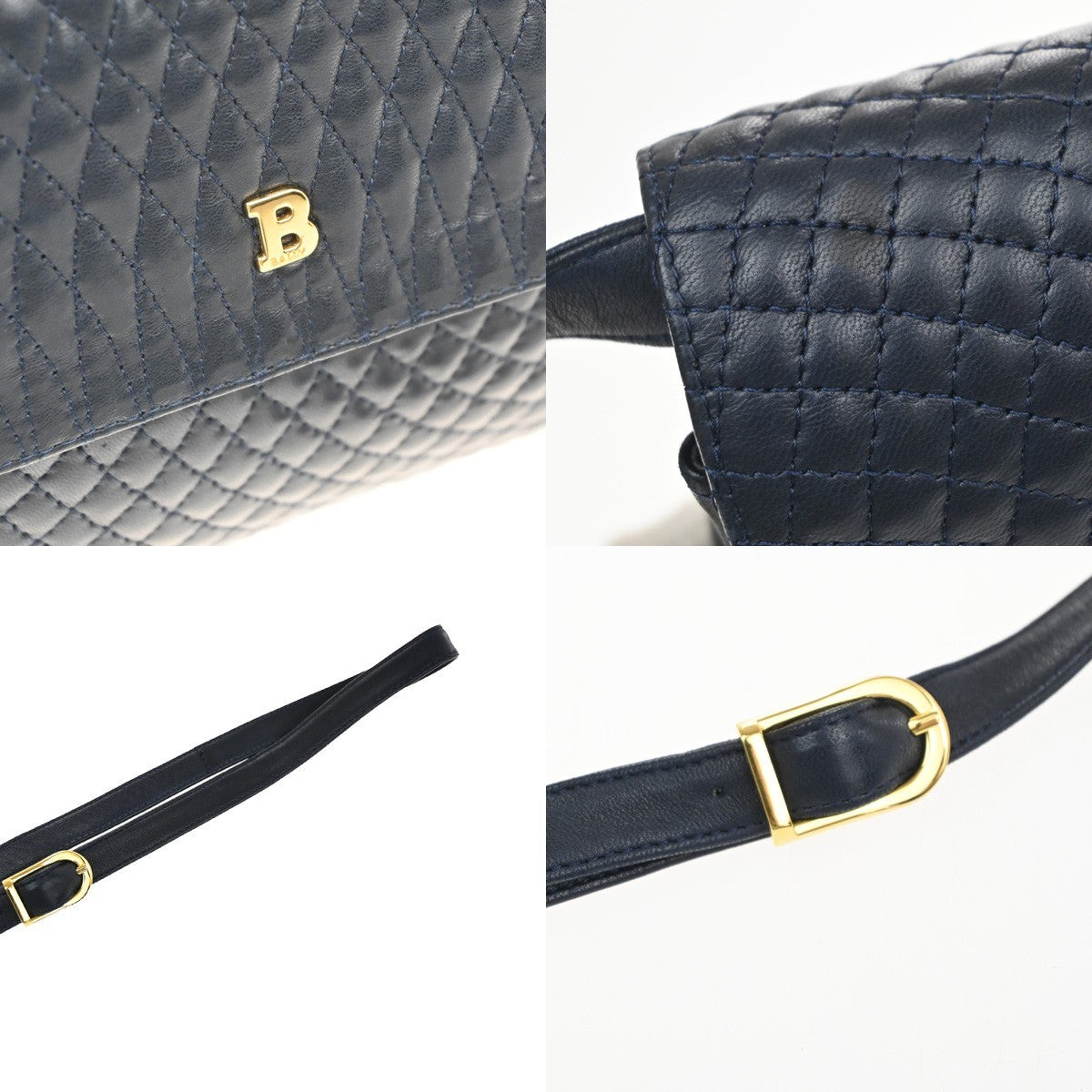 BALLY Logo Flap Shoulder Bag Quilted Leather Navy Blue GHW Italy 09MA548