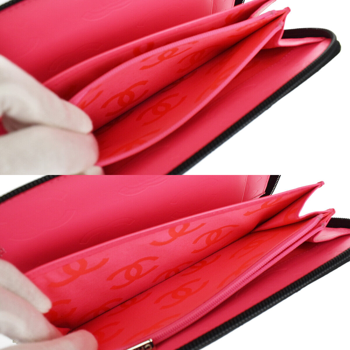 CHANEL CC Logo Cambon Long Bifold Wallet Leather Black Pink Italy 96RH498