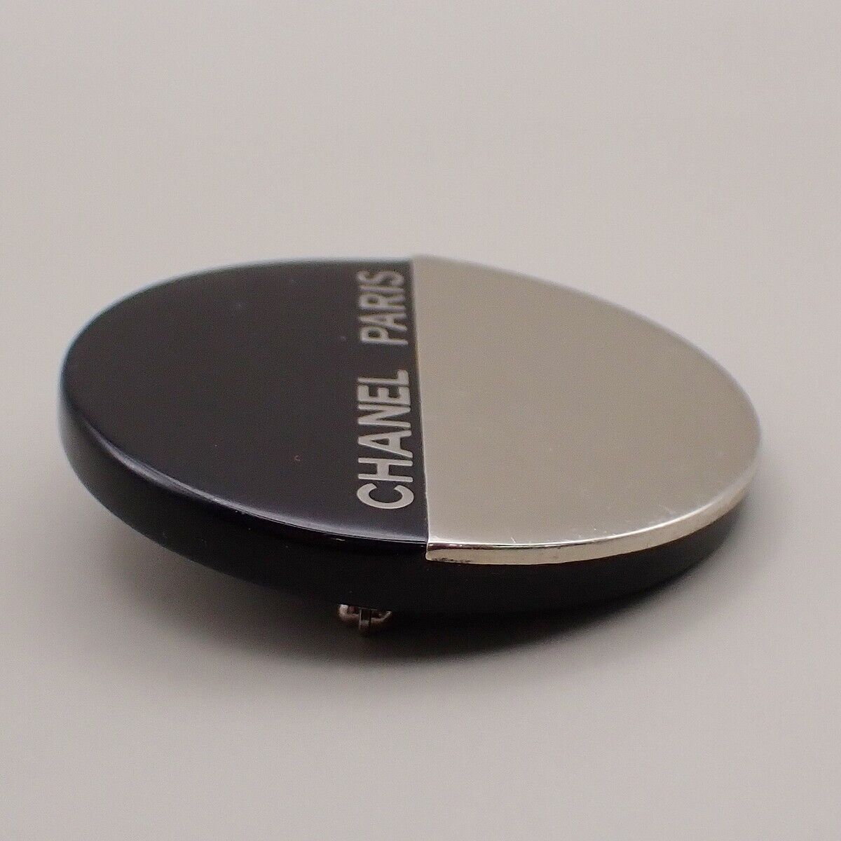 CHANEL Logo Round Bicolor Brooch 00A Metal Plastic Black Silver France 83YE496