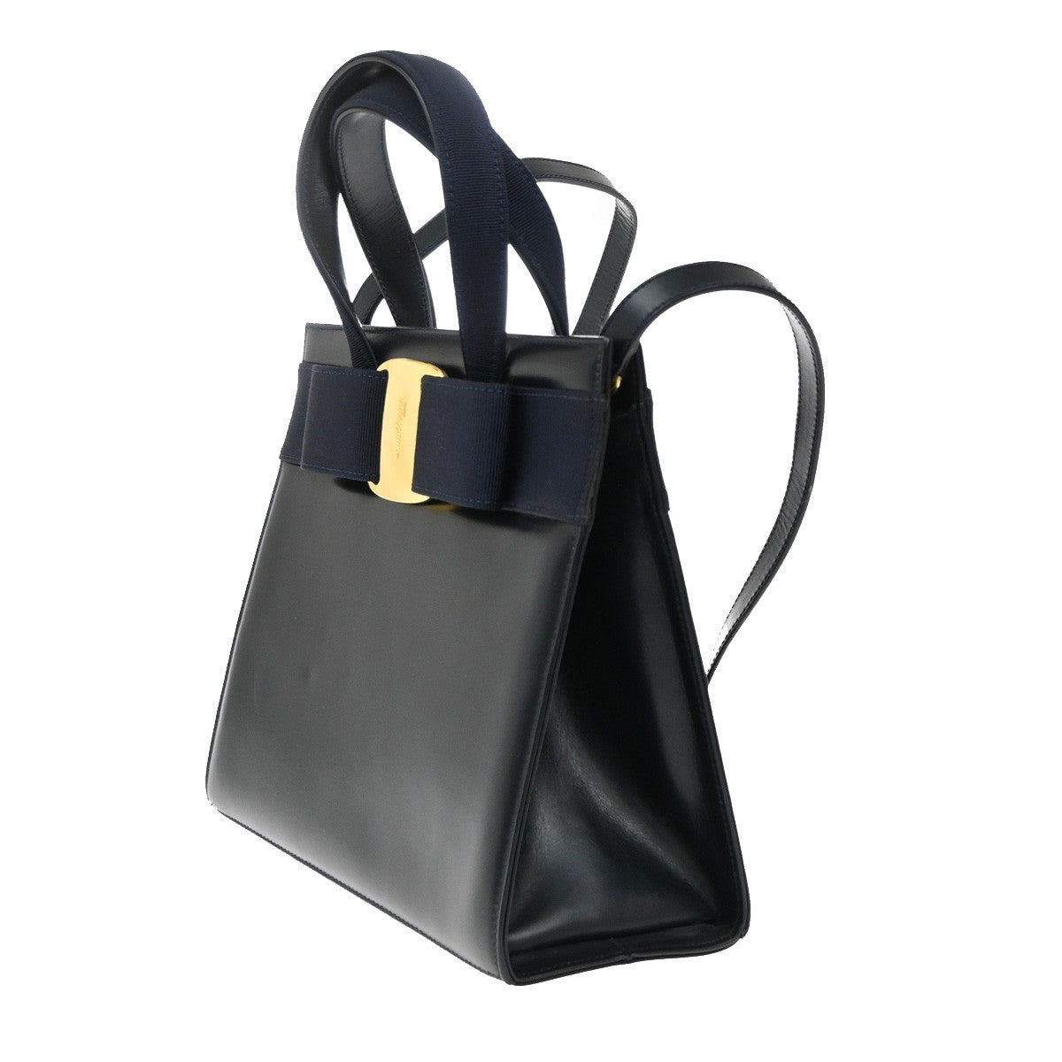 SALVATORE FERRAGAMO Vara Hand Bag Canvas Leather Navy Blue GHW Italy 37KA785