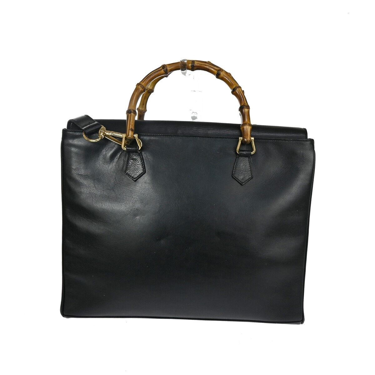 GUCCI Logo Bamboo 2Way Shoulder Hand Bag Leather Black Gold Italy 01DA076