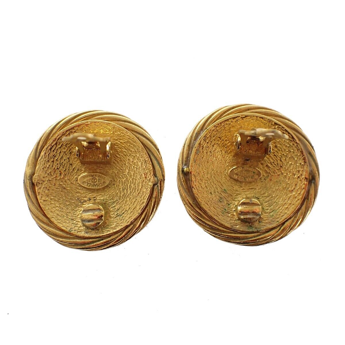 CHANEL CC Logo Round Button Earrings Clip-On 93P GHW Vintage Accessory 86EA349