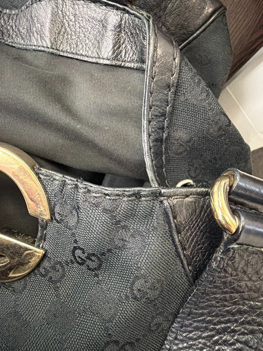 GUCCI Logo GG Pattern Shoulder Tote Bag Canvas Leather Black GHW Italy 34YH906