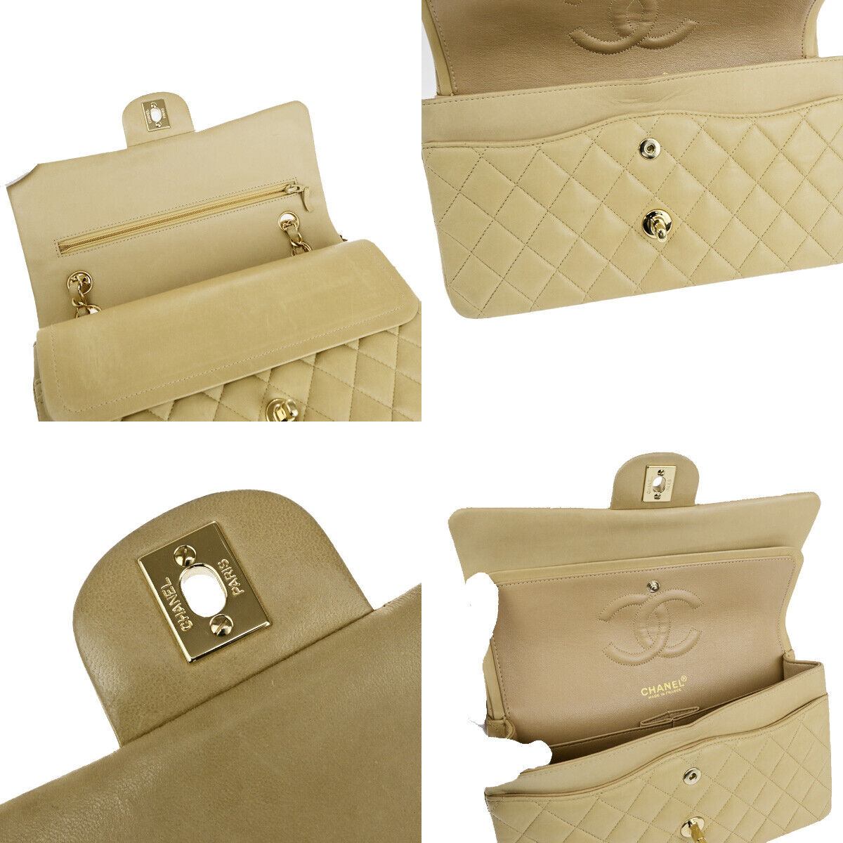 CHANEL CC Matelasse 25 Double Flap Chain Shoulder Bag Leather Beige GHW 652RK742