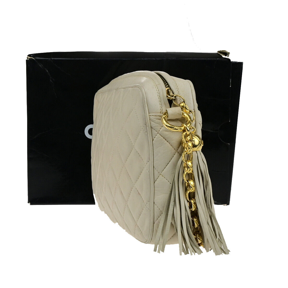 CHANEL CC Matelasse Tassel Chain Shoulder Bag Leather Ivory GHW Vintage 23RK412